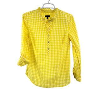 Talbots Yellow Gingham Blouse half button M cotton spring casual roll tab sleeve